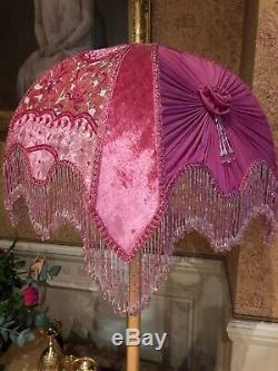 Vintage Victorian Downton Abbey Traditional Crushed Velvet Pink Bead lampshade