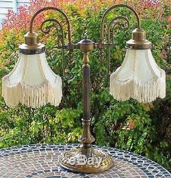 Vintage Victorian Dual Bridge Spelter Table Lamp withLace Shades -21 1/4 (mint)