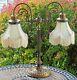 Vintage Victorian Dual Bridge Spelter Table Lamp Withlace Shades -21 1/4 (mint)
