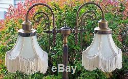 Vintage Victorian Dual Bridge Spelter Table Lamp withLace Shades -21 1/4 (mint)