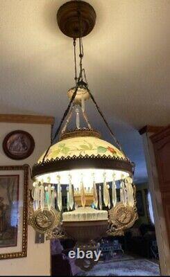 Vintage Victorian Hanging Brass Lamp Painted Shade Electrified Peacock Design