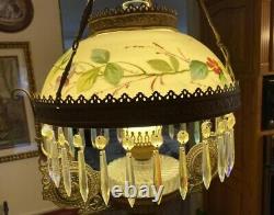 Vintage Victorian Hanging Brass Lamp Painted Shade Electrified Peacock Design