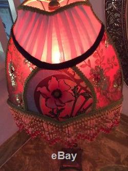 Vintage Victorian Lamp shade Beaded Fringe Poppy Flower! Stunning
