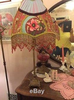 Vintage Victorian Lamp shade Beaded Fringe Poppy Flower! Stunning