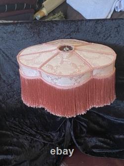 Vintage Victorian Pink Damask Boudoir Lampshade Scalloped Fringe Spider Fitter