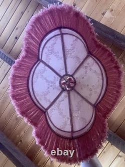 Vintage Victorian Pink Damask Boudoir Lampshade Scalloped Fringe Spider Fitter