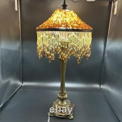 Vintage Victorian Style Boudoir Lamp Amber Panel Beaded Shade MCM Stand 20