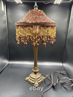 Vintage Victorian Style Boudoir Lamp Amber Panel Beaded Shade MCM Stand 20