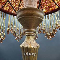 Vintage Victorian Style Boudoir Lamp Amber Panel Beaded Shade MCM Stand 20