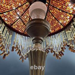 Vintage Victorian Style Boudoir Lamp Amber Panel Beaded Shade MCM Stand 20