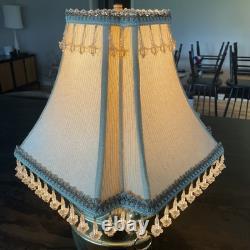 Vintage Victorian Style Brass Table Lamp+Shade Crystal Tassel Sage Brown Trim 16