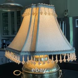 Vintage Victorian Style Brass Table Lamp+Shade Crystal Tassel Sage Brown Trim 16