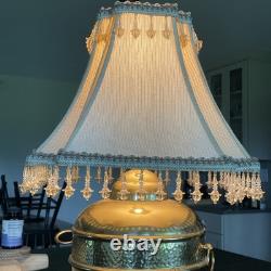 Vintage Victorian Style Brass Table Lamp+Shade Crystal Tassel Sage Brown Trim 16