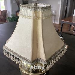 Vintage Victorian Style Brass Table Lamp+Shade Crystal Tassel Sage Brown Trim 16