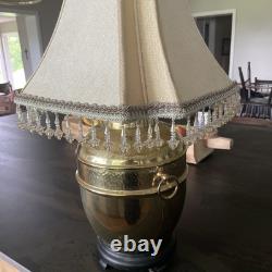 Vintage Victorian Style Brass Table Lamp+Shade Crystal Tassel Sage Brown Trim 16