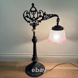 Vintage Victorian Style Bridge Table Lamp Art Nouveau Pink Shade Floral