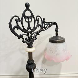 Vintage Victorian Style Bridge Table Lamp Art Nouveau Pink Shade Floral