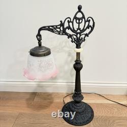 Vintage Victorian Style Bridge Table Lamp Art Nouveau Pink Shade Floral