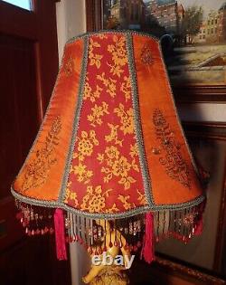 Vintage Victorian Style Red, Orange & Gold & Beaded Fringed Table Lamp Shade
