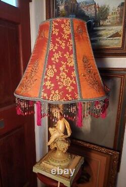 Vintage Victorian Style Red, Orange & Gold & Beaded Fringed Table Lamp Shade