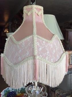 Vintage Victorian Styled White Lace Over Pink Silk Moire Fringe Lampshade 15