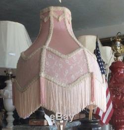 Vintage Victorian Styled White Lace Over Pink Silk Moire Fringe Lampshade 15