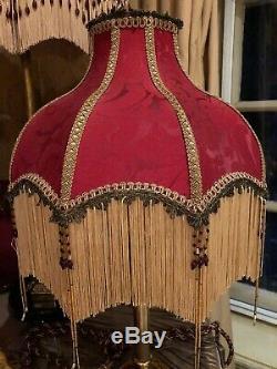 Vintage Victorian Traditional Downton Abbey Brocade RedSilk BeadTassel Lampshade