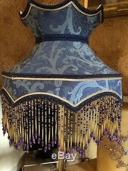 Vintage Victorian Traditional Downton Abbey Deco Blue Beaded Scolloped Lampshade