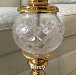 Vintage WATERFORD LAMP With Polished Brass Base, Stem, Round Crystal Ivory Shade