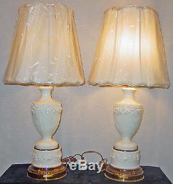 Vintage Wedgwood Queensware Off White Pr Of Lamps 29 Tall With New Silk Shades
