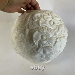 Vintage White Milk Glass Floral Embossed Round Ball Globe Parlor Lamp Shade 7