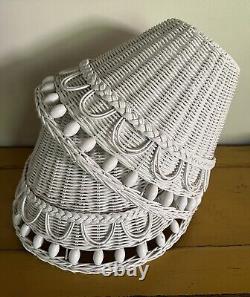 Vintage White Wicker Rattan Lamp Shades Set Of 2 With Wooden Beads Palm Beach Pair