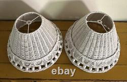 Vintage White Wicker Rattan Lamp Shades Set Of 2 With Wooden Beads Palm Beach Pair