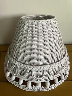 Vintage White Wicker Rattan Lamp Shades Set Of 2 With Wooden Beads Palm Beach Pair