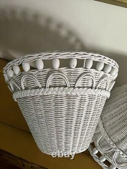 Vintage White Wicker Rattan Lamp Shades Set Of 2 With Wooden Beads Palm Beach Pair