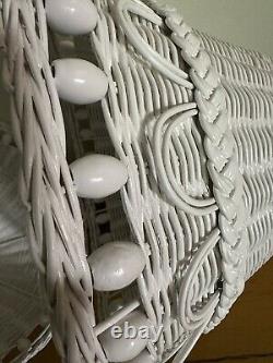 Vintage White Wicker Rattan Lamp Shades Set Of 2 With Wooden Beads Palm Beach Pair