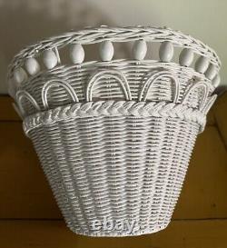 Vintage White Wicker Rattan Lamp Shades Set Of 2 With Wooden Beads Palm Beach Pair