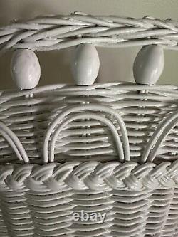 Vintage White Wicker Rattan Lamp Shades Set Of 2 With Wooden Beads Palm Beach Pair