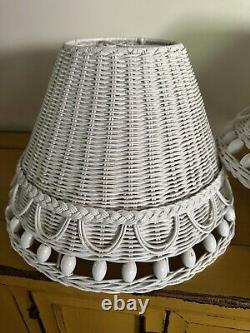 Vintage White Wicker Rattan Lamp Shades Set Of 2 With Wooden Beads Palm Beach Pair