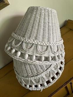 Vintage White Wicker Rattan Lamp Shades Set Of 2 With Wooden Beads Palm Beach Pair