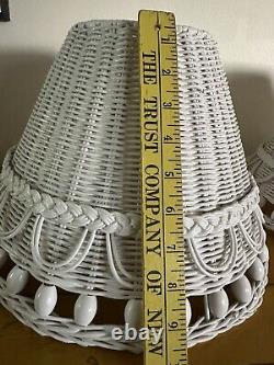 Vintage White Wicker Rattan Lamp Shades Set Of 2 With Wooden Beads Palm Beach Pair