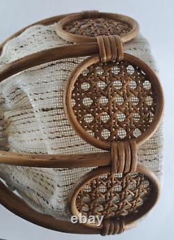 Vintage Wicker Lamp Light Shade Brown Speckled Fabric Medallions 1980s Retro