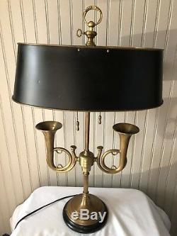 Vintage Wildwood Brass French Horn Lamp Black Shade 2 Light Bouilotte Desk Table