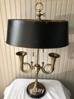 Vintage Wildwood Brass French Horn Lamp Black Shade 2 Light Bouilotte Desk Table