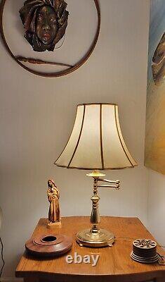 Vintage brass swing arm table lamp with shade. 23 inches tall, solid heavy brass
