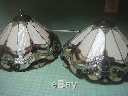 Vintage lamp shade pair set 2 slag stained glass green red tiffany style lead