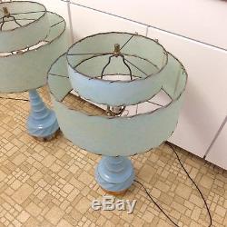 Vintage mid century ceramic lamps pair aqua turquoise fiberglass shades MCM