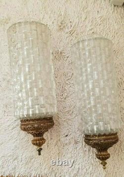 Vintage pair Glass Cylinder Pendant swag Lamp Light Shades Hollywood Regency MCM