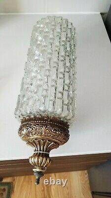 Vintage pair Glass Cylinder Pendant swag Lamp Light Shades Hollywood Regency MCM