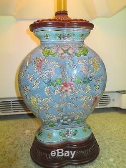 Vintage porcelain Table Lamp & Shade light blue Chinese Flowers carved Wood base